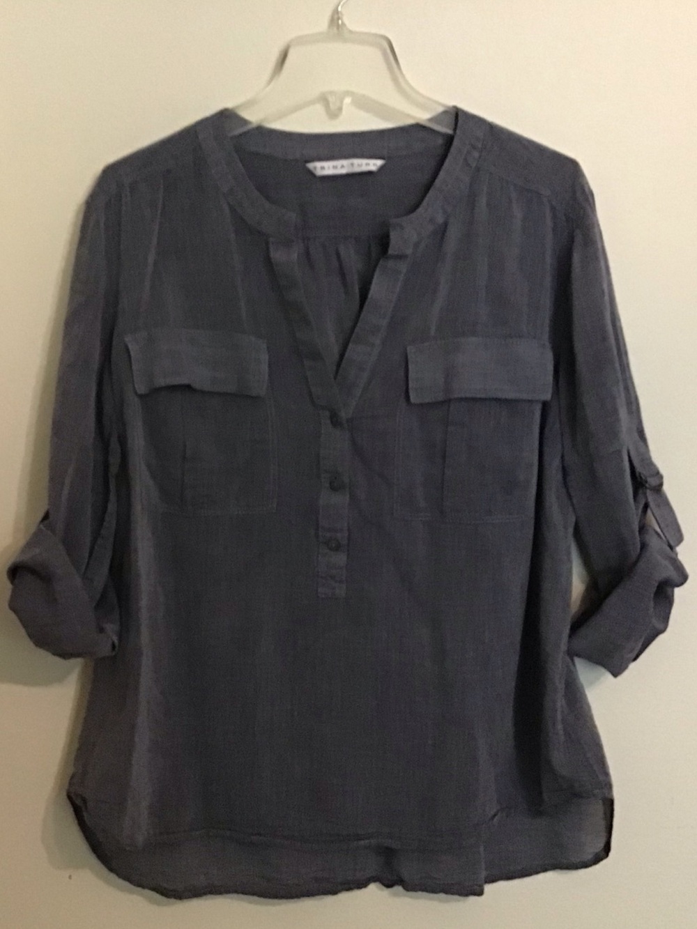 Trina Turk Lightweight Chambray Roll Tab Long Sleeve Blouse